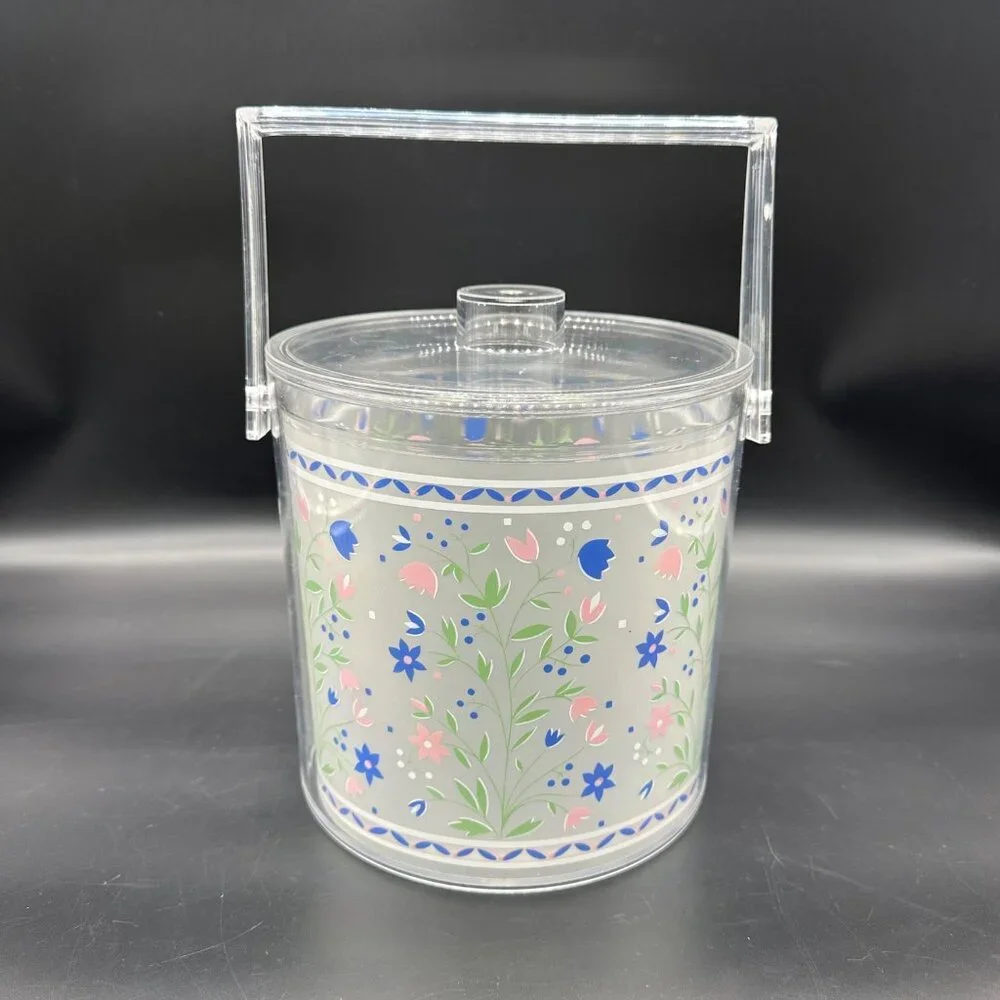 Vintage Ice Bucket HJ Stotter Acrylic Floral Pink Blue Flowers 1990s Cottagecore - Picture 2 of 10